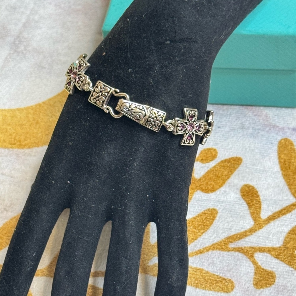Avon Silver and Pink Rhinestones Cross Bracelet - Picture 2 of 6